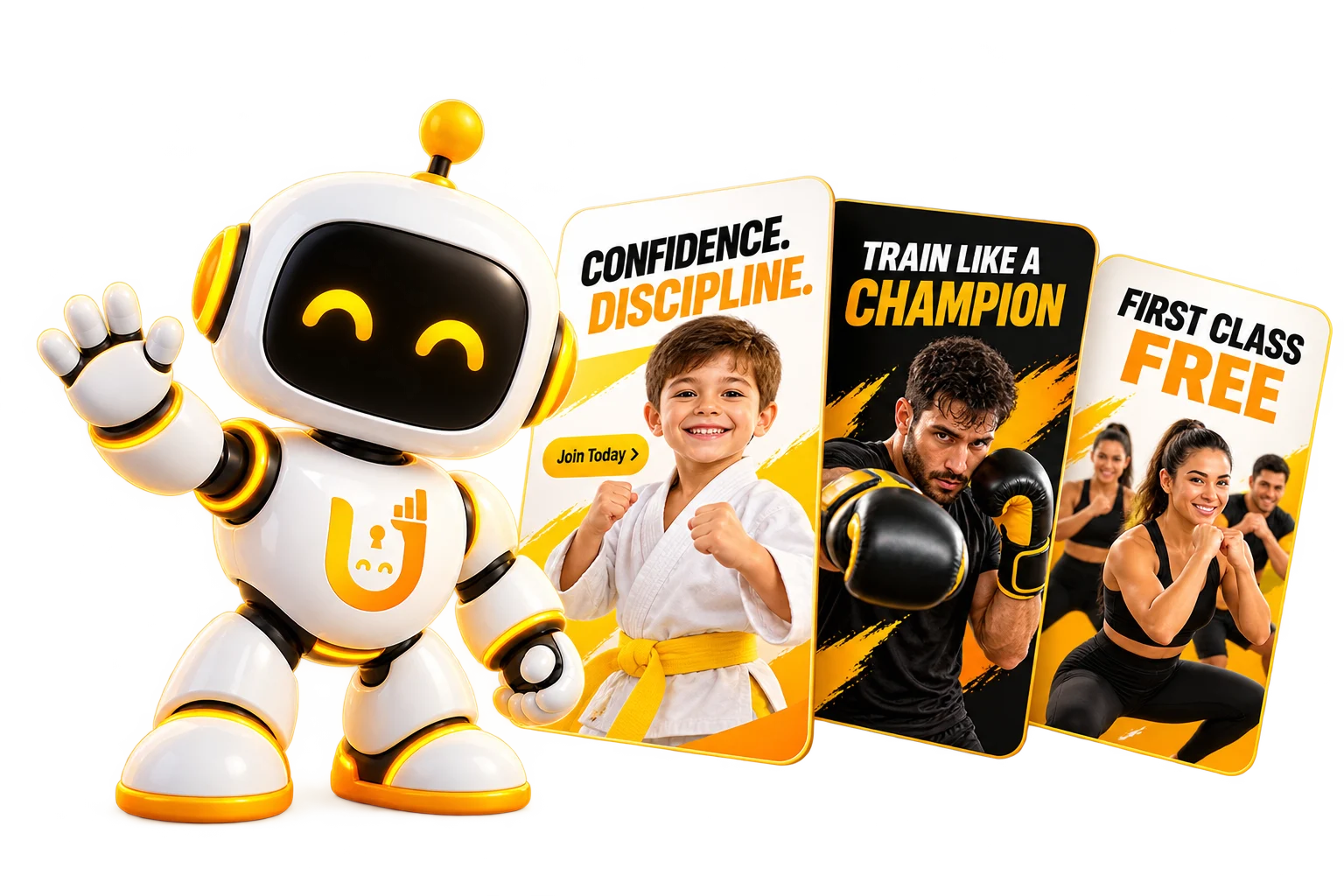 Unitabot robot mascot next to AI-generated ads for a martial arts school, a boxing gym and a fitness class