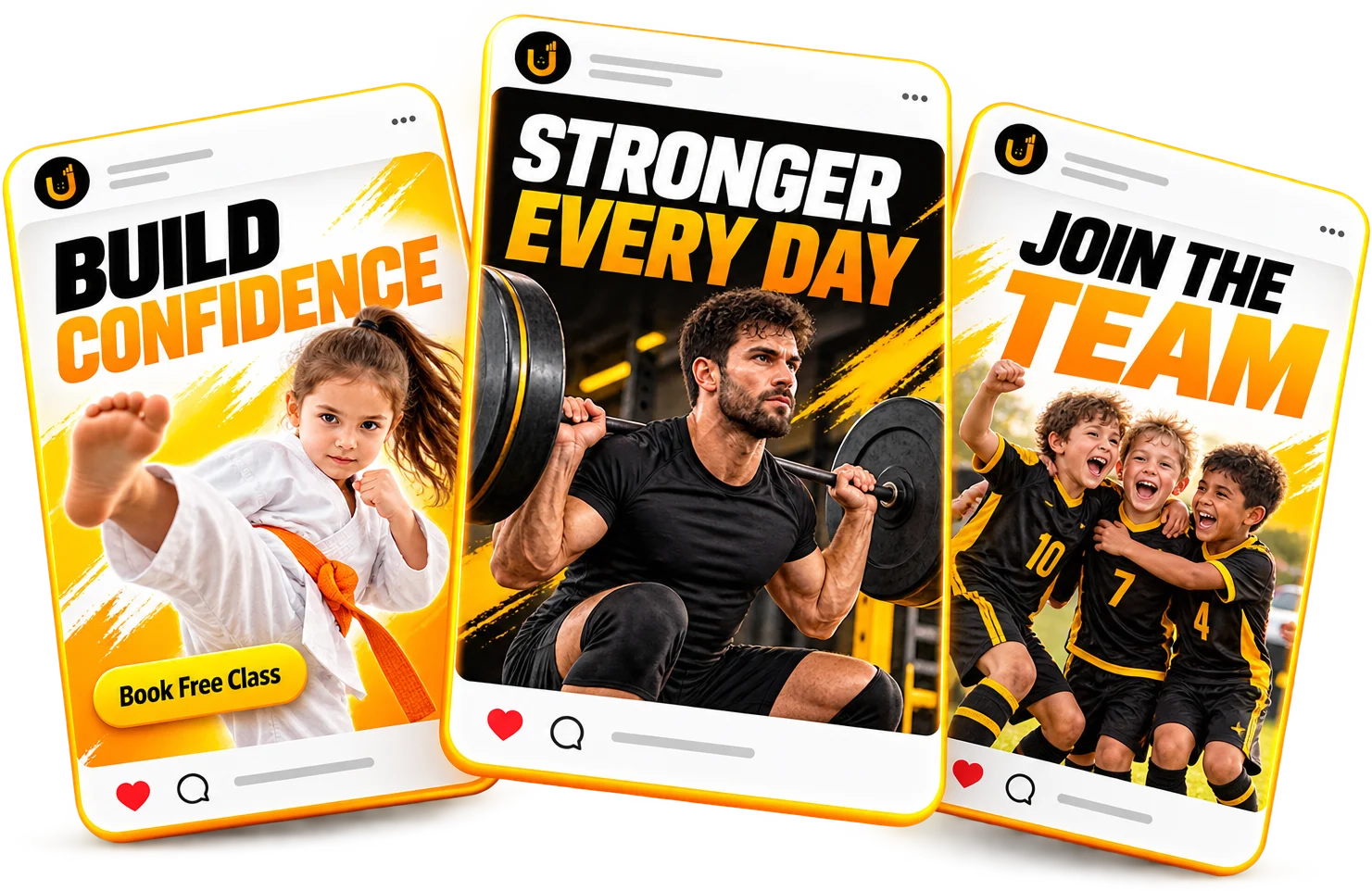Three AI-generated social media ads for a martial arts school, a gym and a youth sports club